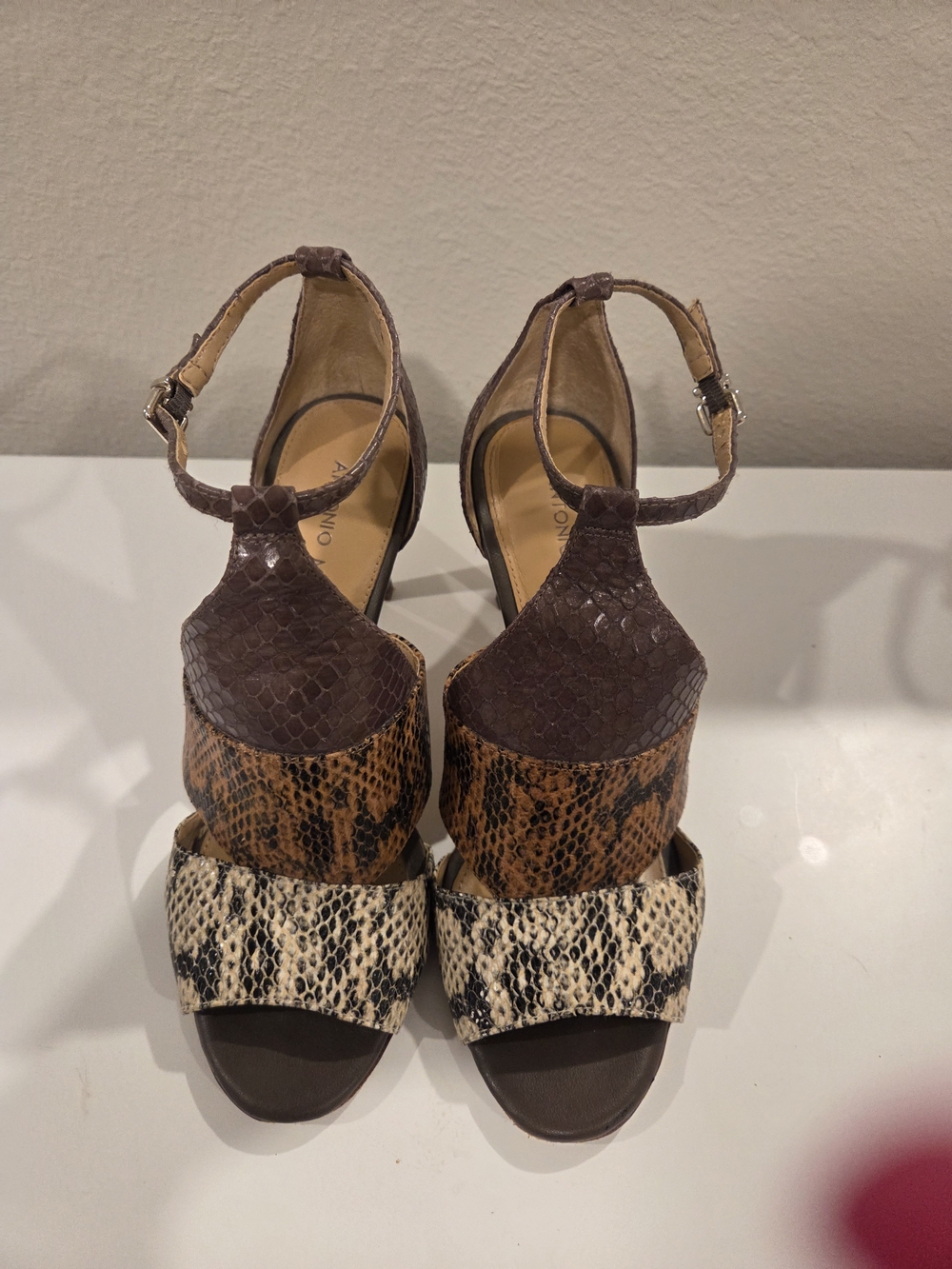 ANTONIO MELANI Brown and Beige Snake-Print Sandals